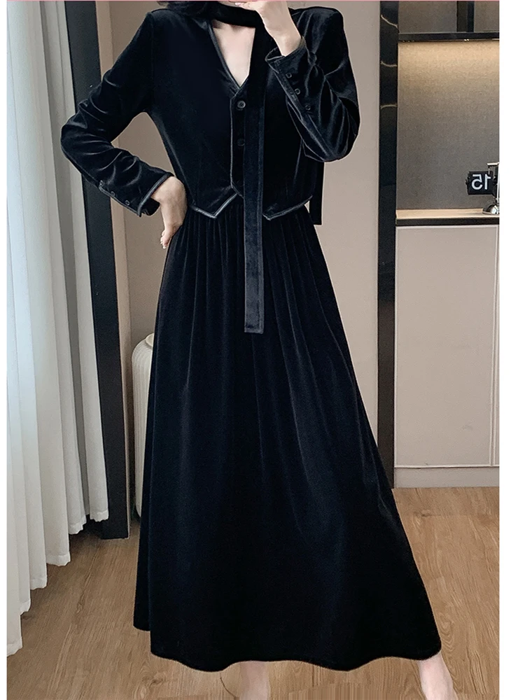 Fashion Vintage Autumn Elegant Suits Women Black Velvet Crop Tops + High Waist A-Line Long Skirts Office Lady Two Pieces Sets