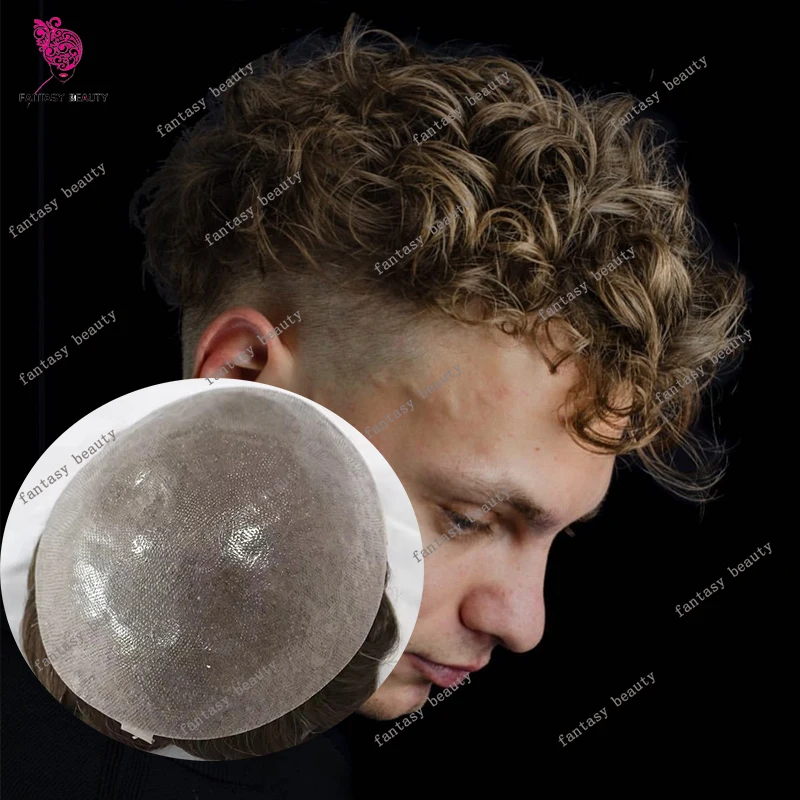 

25 мм Керли 520 # Серо-коричневый # 18 22r # Мужской парик Bald Unit с натуральной тонкой основой 0,06 мм, суперпрочный, с технологией V-Loop, протез для волос