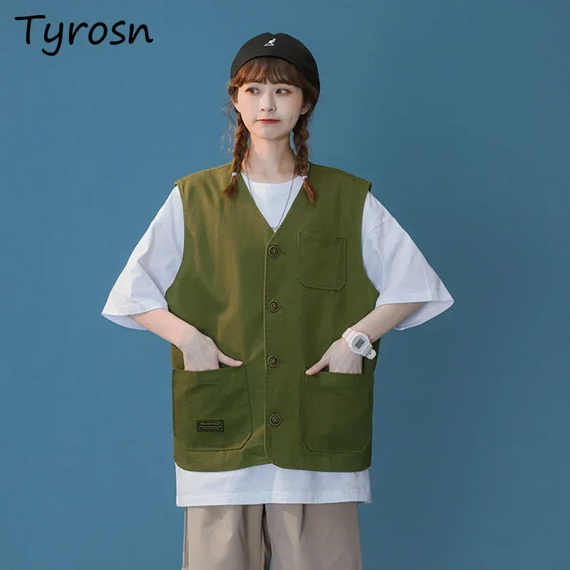 

Vests Women Solid Loose All-match Button-up Coats Pockets Safari Style Vintage V-neck Waistcoats Tooling Stylish Outwear Unisex