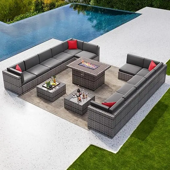 

15 Pieces Patio Furniture Set with 40" Fire Pit Table, Outdoor Conversation Set Wicker Rattan Sectional Sofa with Coffee Table