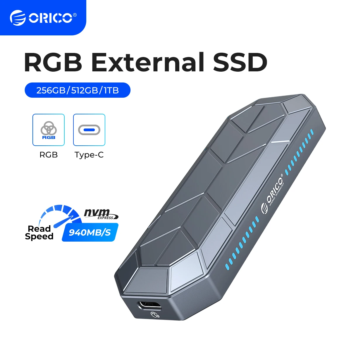 

ORICO RGB External SSD 512GB 256GB External Hard drive 1TB SSD USB 3.1 Gen2 Type-C M.2 NVMe External Solid State Drive