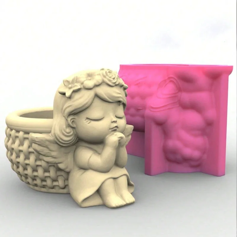 Ángel niña flor maceta molde de silicona DIY Linda muñeca flor corona niña vela taza molde artesanías yeso fabricación de velas molde