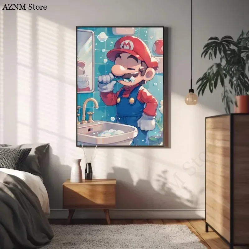 Funny Bathroom Cartoon Video Game Poster Cute Animated Characters Toilet Canvas Painting Wall Art Shower Room Kids Home Decor view 4