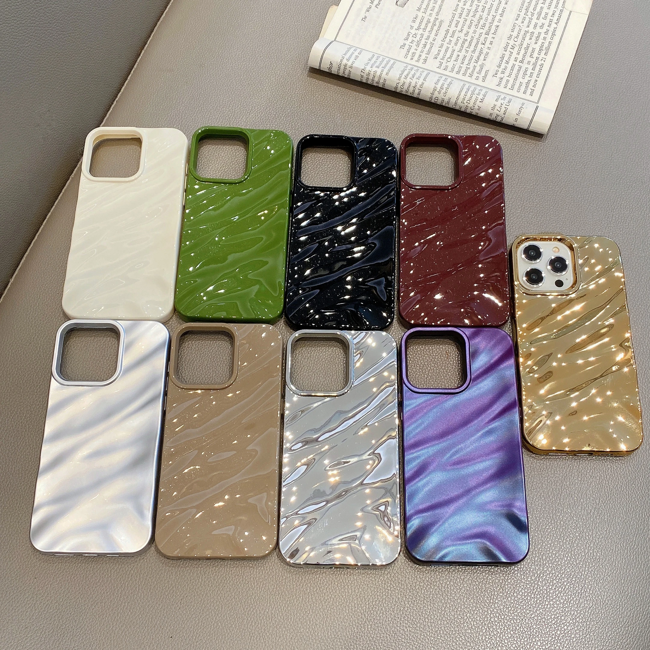 Luxury Wave Satin Ruffle Pattern Phone Case For iPhone 11 12 13 14 15 16 Pro Max Plus Glitter Shockproof Solid Color Cover