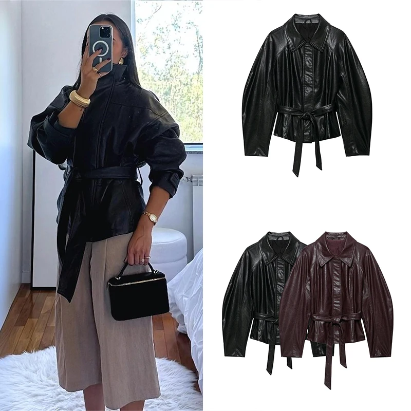 Guobioziy Women's Slim-Fit Belted Leather Jacket 2026 Spring-Autumn French Casual Fashion Trend Motorcycle Punk Street Style