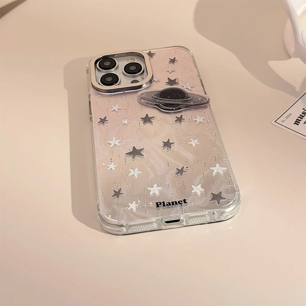 3D Saturn Stars Wave Phone Case for iPhone 15 Pro Max Plus 14 13 12 Glitter Cool Phone Protective Cover