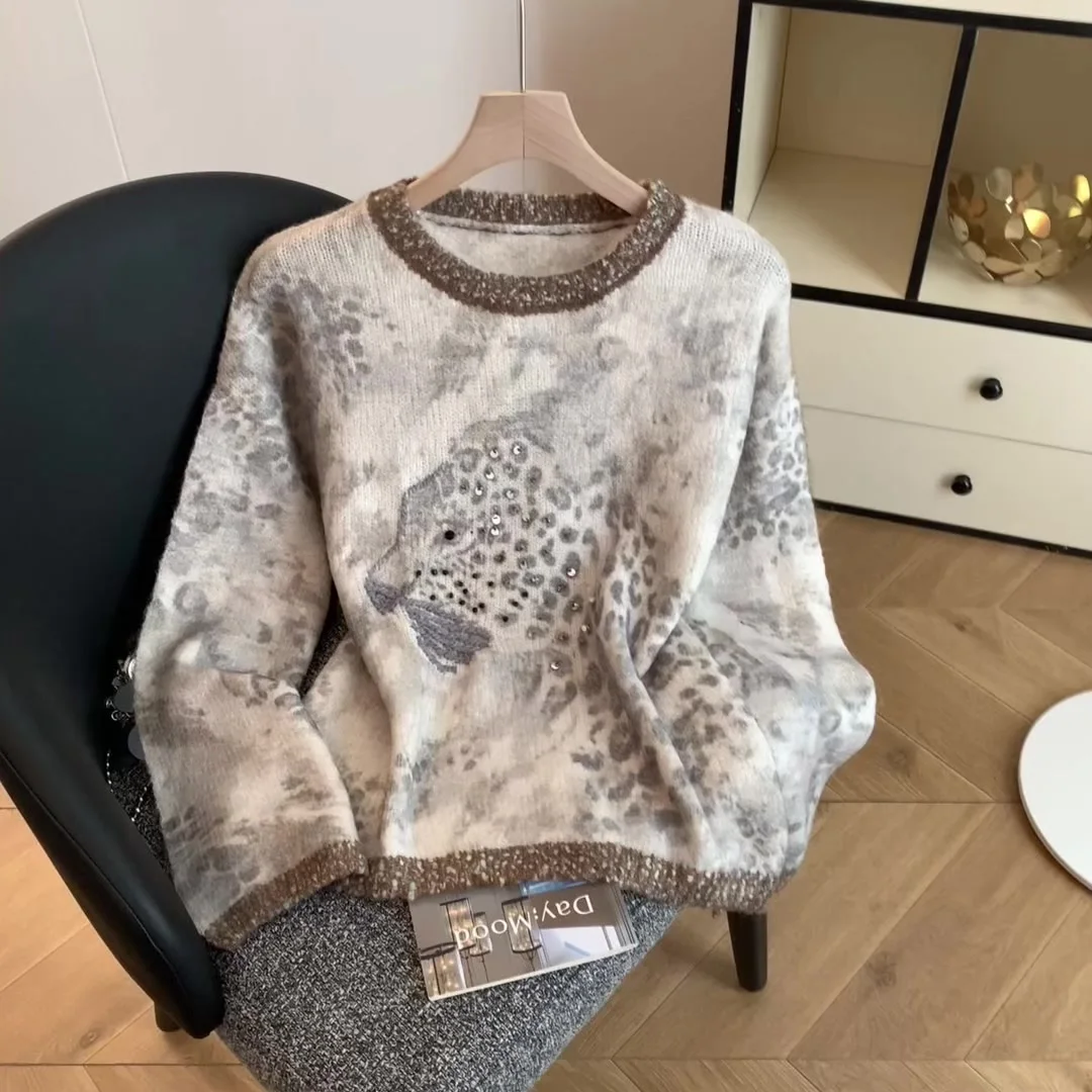 

Женский пуловер цвета хаки с леопардовым принтом, винтажный джемпер Y2k, вязаный свитер с круглым вырезом и длинными рукавами, свитер с блестками, осень-зима, одежда 2000-х годов