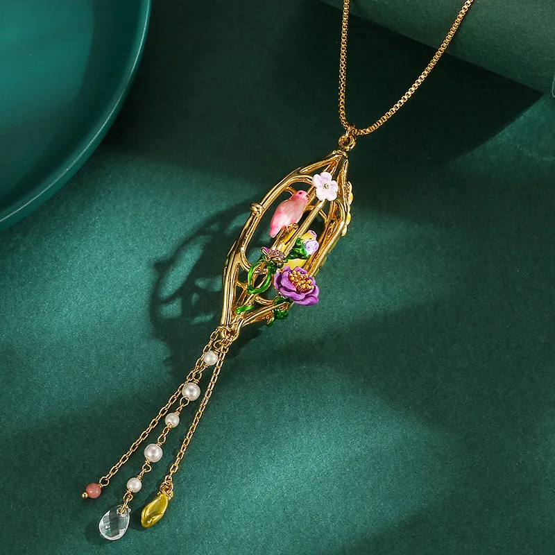 

Handmade Enamel Glaze Canary Bird Flower Pearl Fringe Can Be Opened Bird Cage Pendant Long Necklace Women's Jewelry Y2k Jewelry