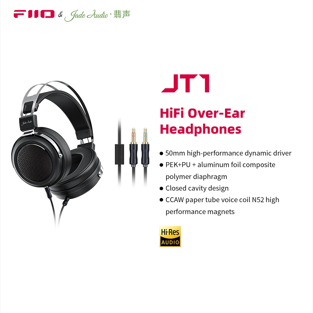 FiiO/JadeAudio JT1 3.5mm Studio Headphones for Recording Gaming with Microphone, 50mm Diaphragms driver,HiFi Sound