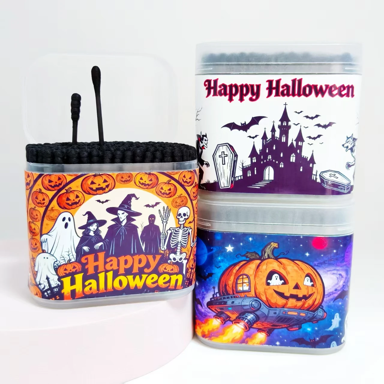 600개/800개 할로윈 호박 유령 박쥐 무늬 면봉 블랙 무광 박스 포장 양면 면봉