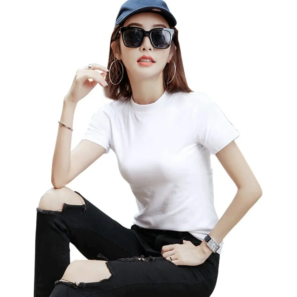 

Casual Women's Slim Fit Short Sleeve T-Shirt High Collar Solid Color Cotton Wholesale Retail Factory Direct Distribution