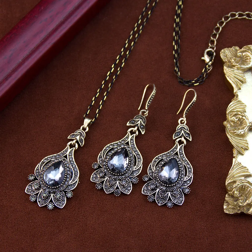 Sunspicems Vintage Women Earrings Necklace Jewelry Turkish Four Leaf Grass Style Pendant Antiqeu Gold Color Bohemia Bijoux view 2