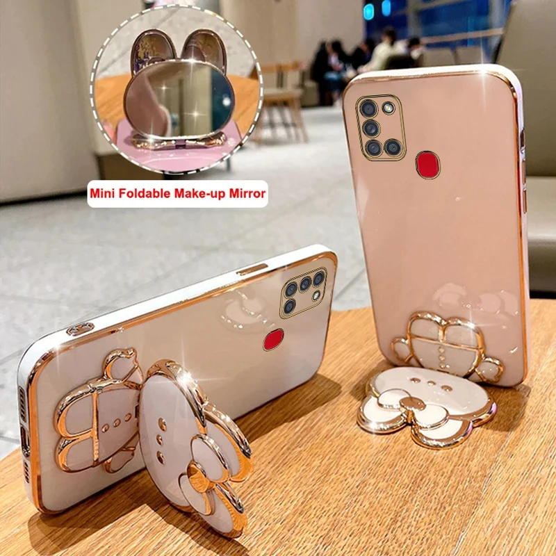 A 21S Makeup Mirror Cute Rabbit Phone Holder Case On For Samsung Galaxy A21S SamsungGalaxyA21S Girl Woman Used Back Cover