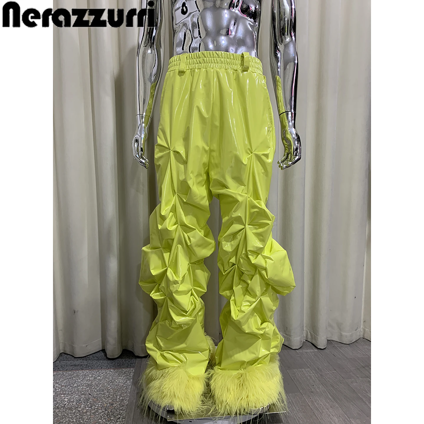 Cool Men's Faux Fur Stacked Leather Pants Soft Shiny Painted Leather Three-Dimensional Design Sensation Pleated Youth Leisure