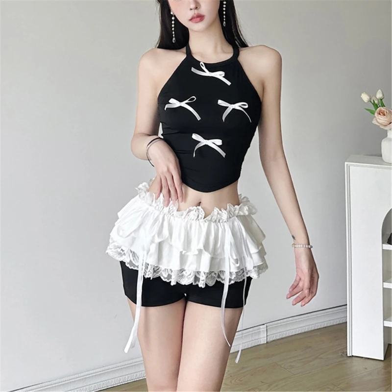 Womens Aesthetic Cute Bowknot Outfit Sleeveless Halterneck Camisole Crop Top Fairycore Ruffle Lace High Waist Shorts