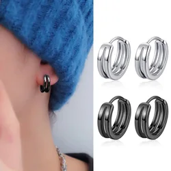 1 Pair Hollow Double Ring Small Hoop Earrings For Men Women New Trend Black Silver-color Hip Hop Party Gothic Ear Jewelry