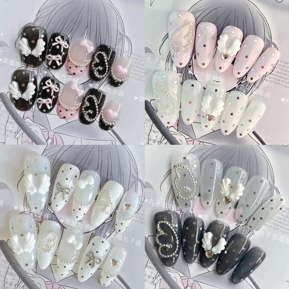 

10Pcs Y2K Hot Girl Handmade Press On Nail Art Cartoon Sticker Pearl Wings Lovingheart Bowknot Short Square Holiday Gift