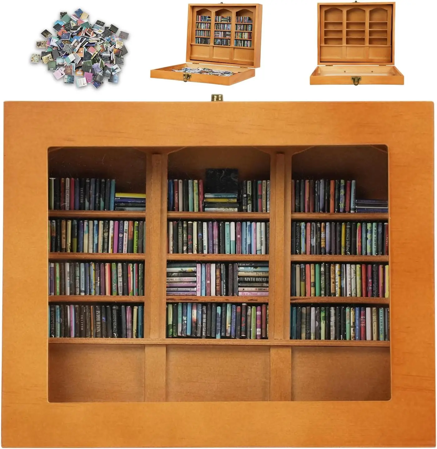 

Anxiety Bookshelf - Shake Off Your Anxiety, Miniature Display Shelf with 240 Mini Book Models, Antique Style Gift Decoration (Brown)