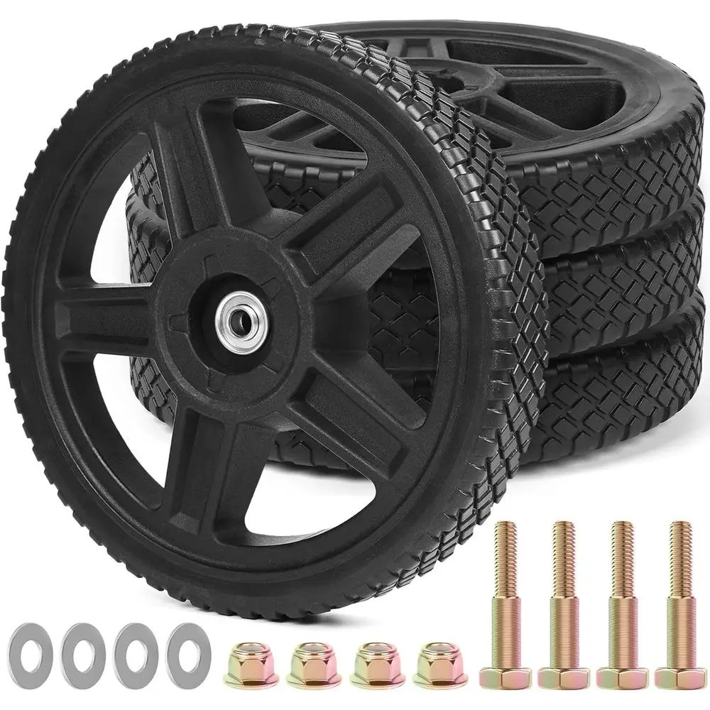 

Комплект из 4 колес для газонокосилок (12 шт.) с подшипниками 1/2, болтами, гайками и пластиковыми шинами для ручных газонокосилок, садовых культиваторов, и т.д.