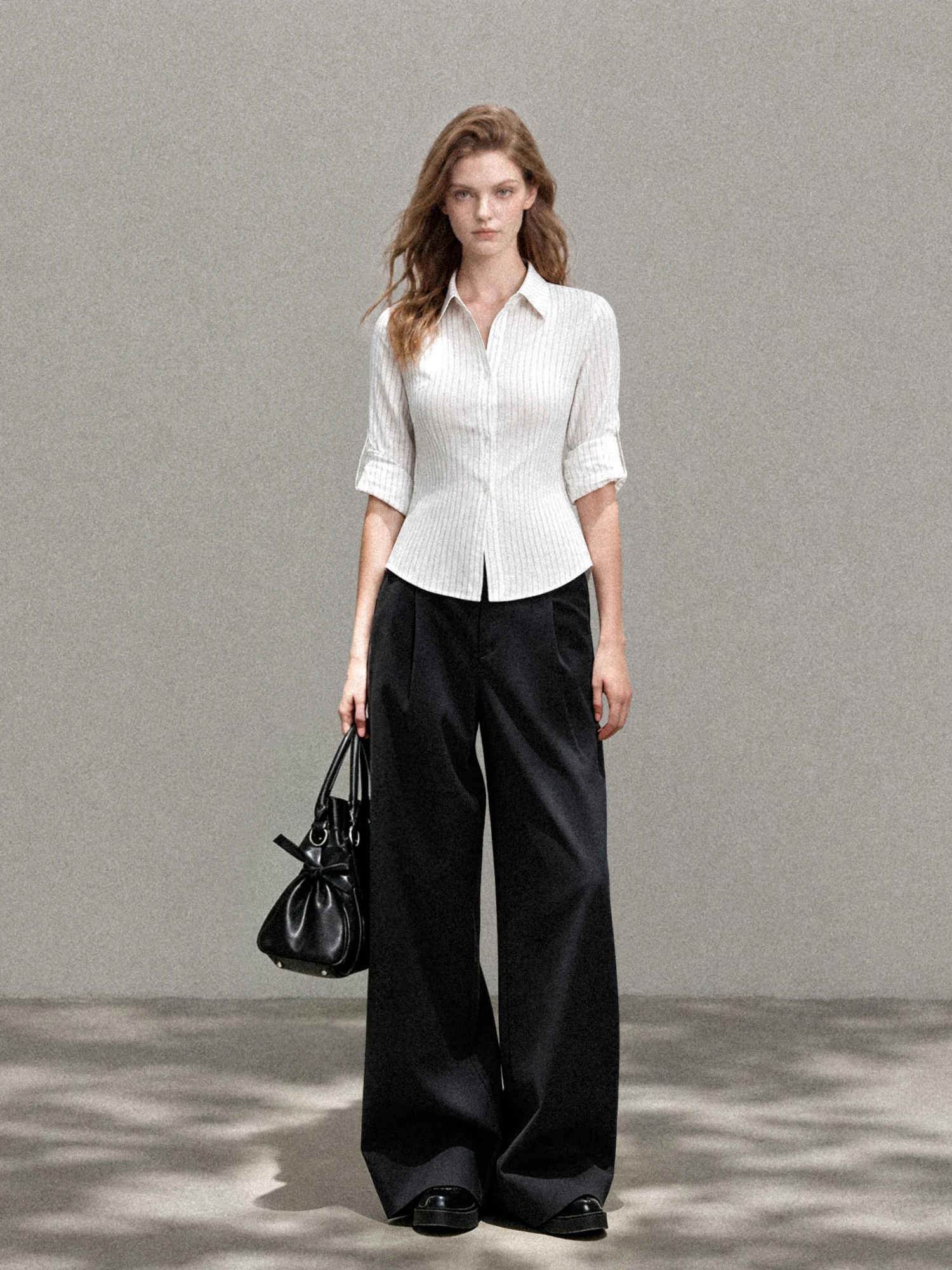 White Striped Women's Shirt Half Sleeve mid Sleeve Slim Fit Short Waist-Cut Summer Top Korean Style Commute Wind Regular Sleeve