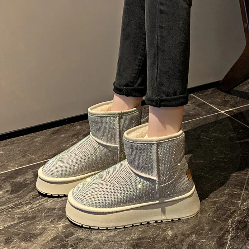 Bling Platform Snow Boots Women Flats Fur Ankle Shoes 2025 Winter Casual Warm Plush Boots New Brand Fashion Sport Chelsea Botas