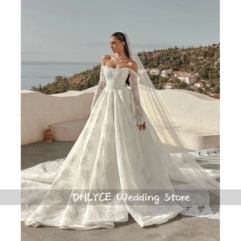 ชุดแต่งงานลูกไม้สั่งตัด แขนยาว สไตล์เจ้าหญิง สีขาวหรูหรา ชุดเจ้าสาวสั่งทำพิเศษ ชุดแต่งงาน Noiva