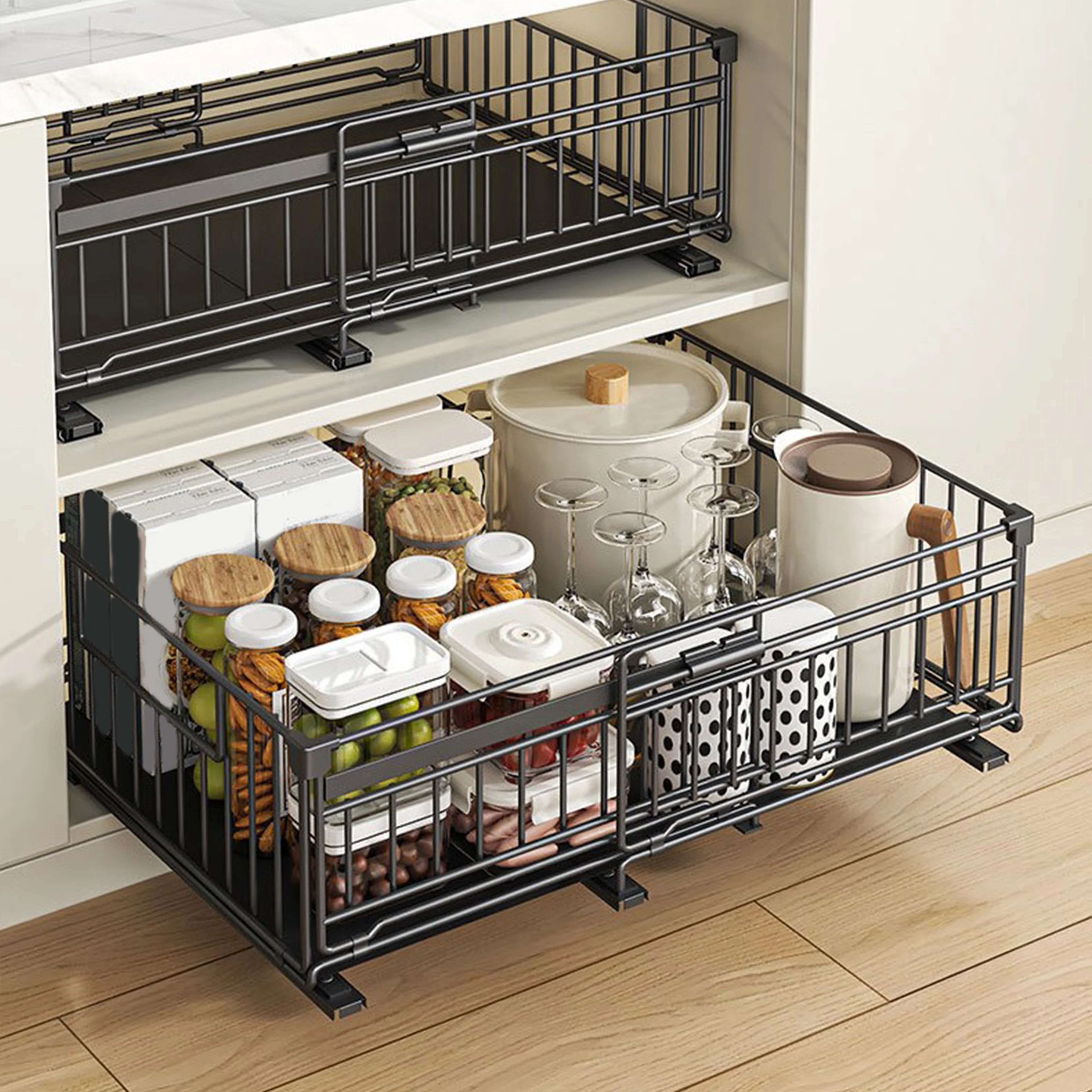 Set da 2 ripiani estraibili neri, regolabili e allargabili, in acciaio al carbonio, per organizzare cassetti, ideali per armadietti da cucina e per l’uso in camera da letto o nell’armadio.