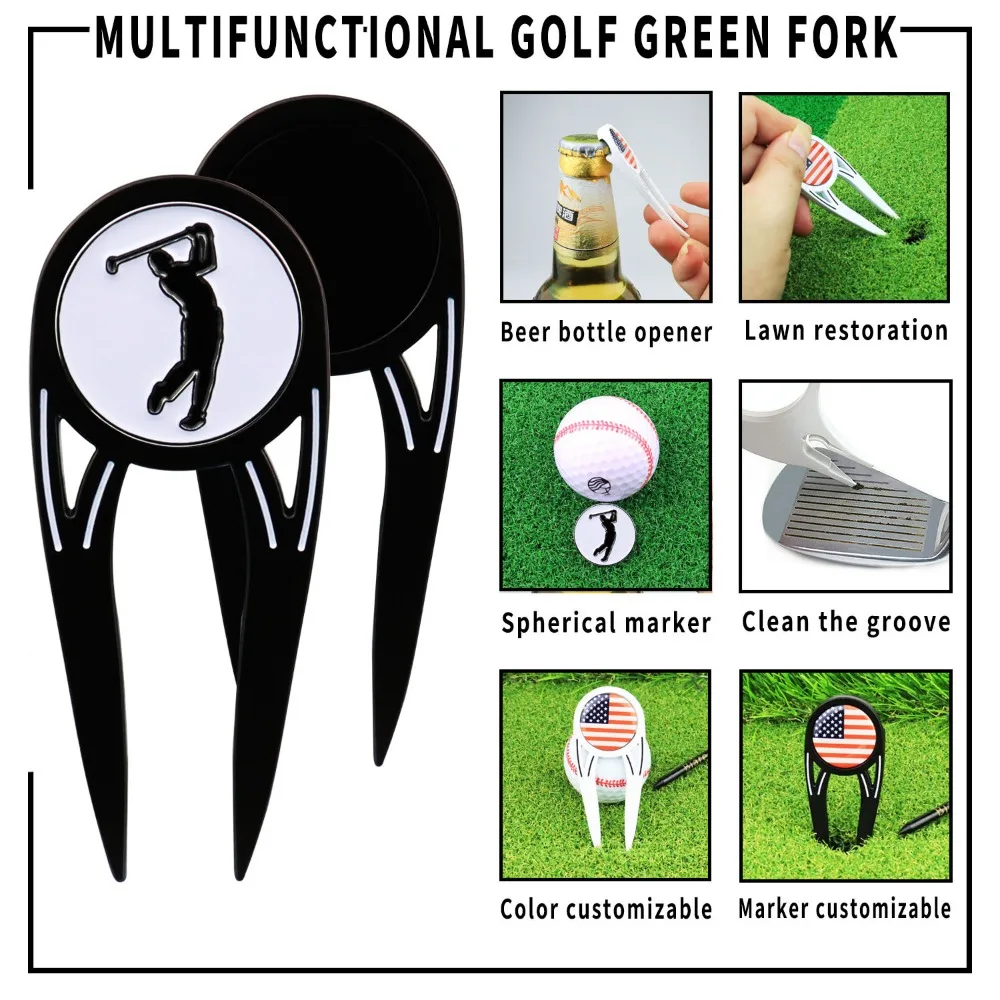 Marqueur de balle de golf magnétique multifonctionnel portable, fourchette verte, alliage de zinc, 4 en 1, nettoyer la pelouse