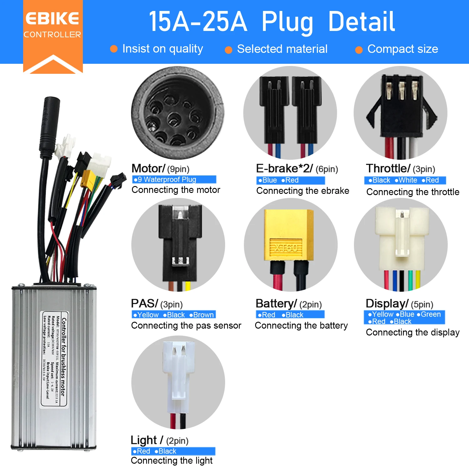 36V 48V KT Electric Bike Sine Wave Brushless Motor Controller 250W-1500W With TF01U Display and PAS and Throttle For E-Scooter view 4