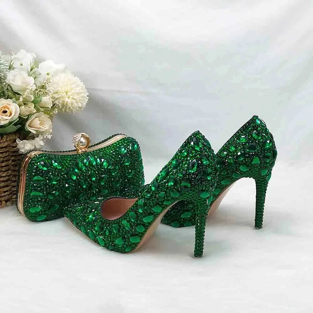 2024 New Green Pointed Toe Party Dress Shoes With HandBag Rhinestone Wedding Shoes and bag Women Crystal High Pumps Thin Heel