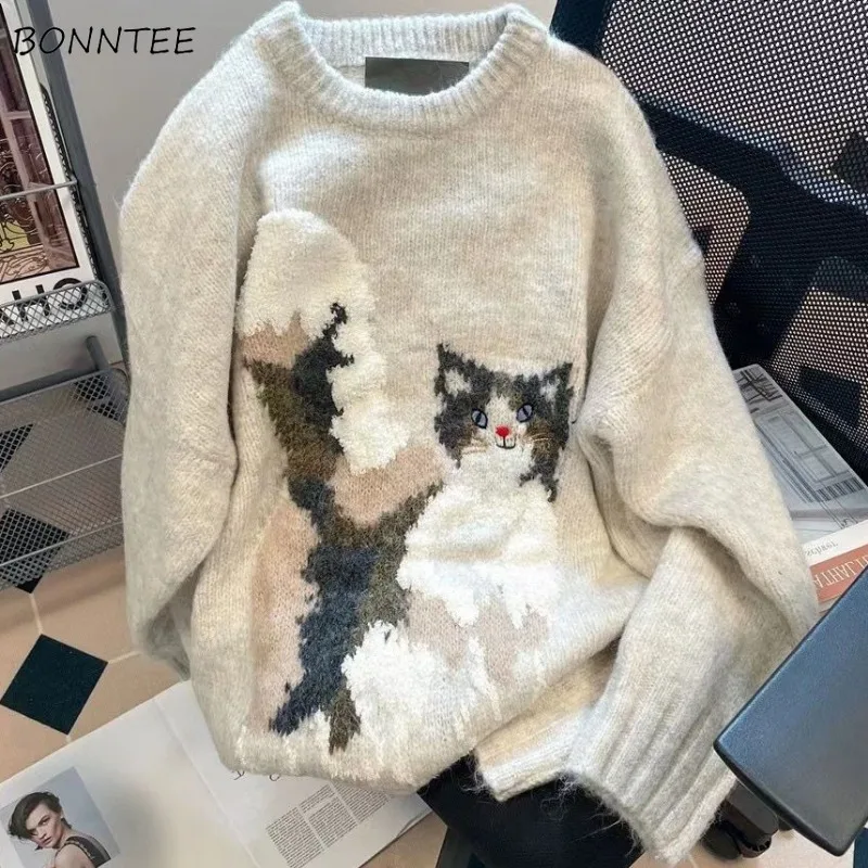 

Long Sleeve Pullovers Women Knitted Fluffy Slouchy Gentle Lovely Cat Autumn Winter O-neck Loose Unisex All-match Graceful Female