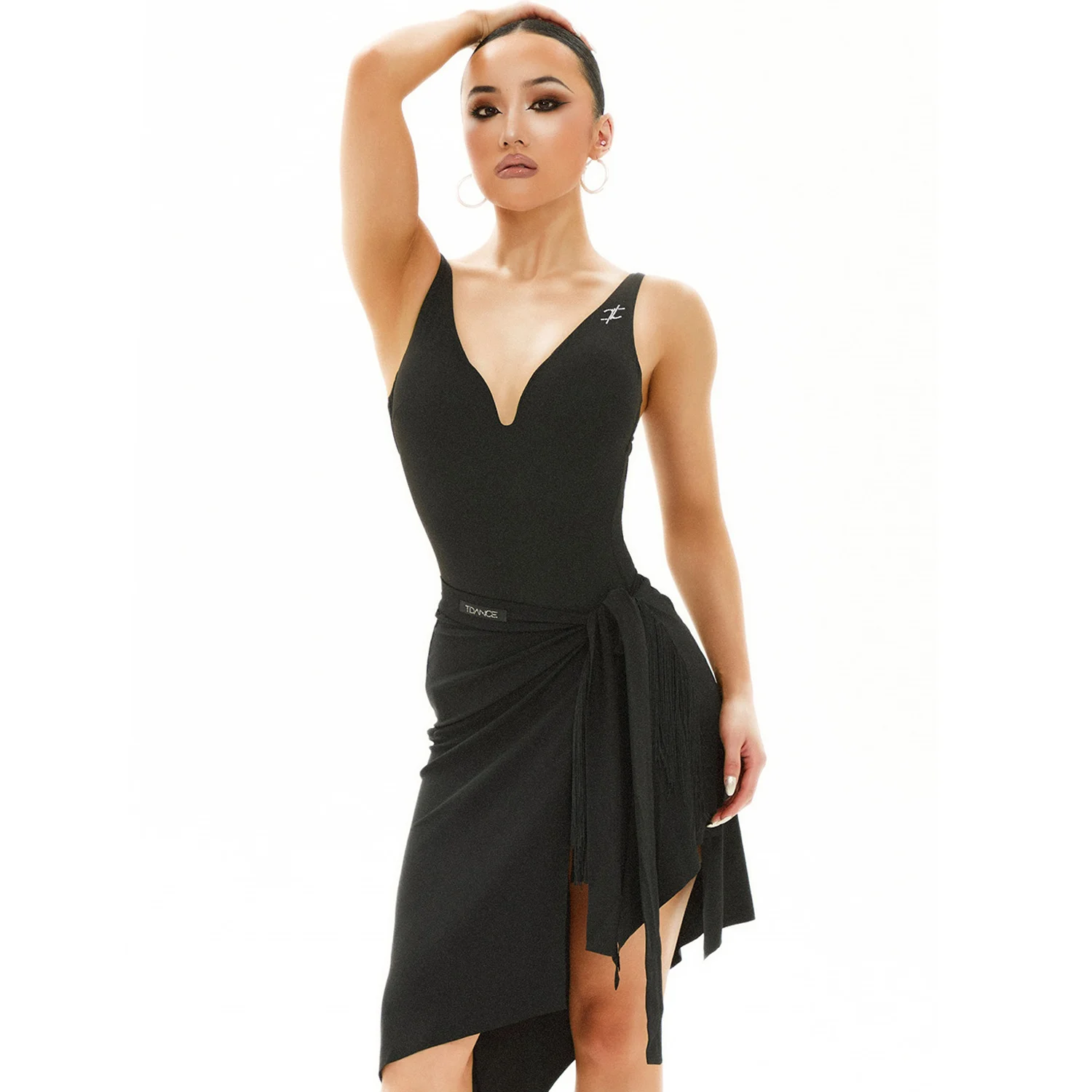 Vêtements de danse latine pour adultes, vêtements d'entraînement pour femmes, jupes noires léopard, jupe de danse Rumba Salsa, sangle, pompon, écharpe de hanche DNV23316