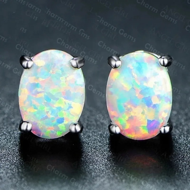 2023 New Cute Female Blue Fire Opal Stud Earrings Boho Silver Color Wedding Jewelry Small Round Double Earrings for Women Girls