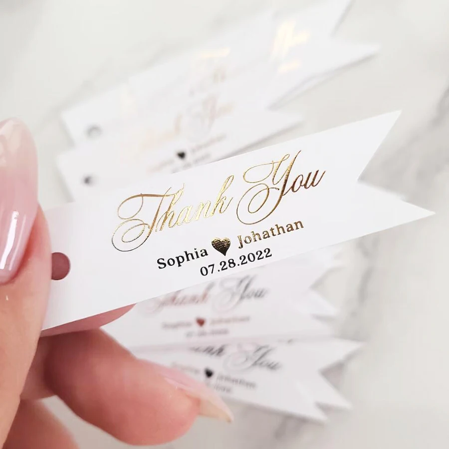 50pcs Custom Wedding Tags - Gold Foiled Thank you Tags, Hang Tags Personalized, Wedding Favor Tags, Bridal Shower Tag