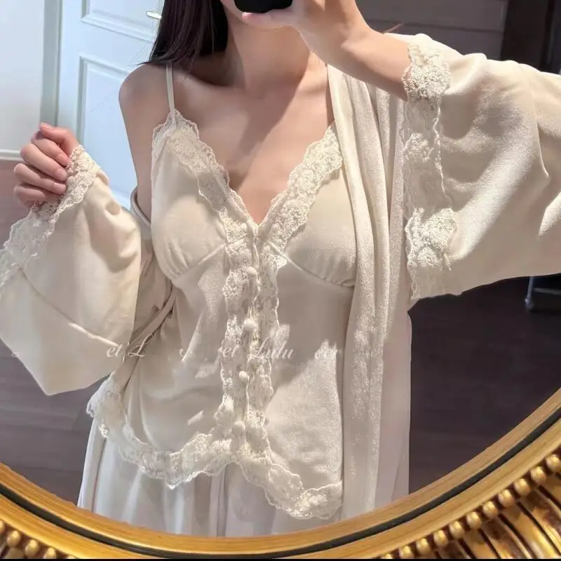 

Princess V-Neck Lace Border Pajamas Sets Girls Pleuche Sexy Long Sleeve Vest Pants 3Pcs Spring Autumn Clothes Sleeping Wear New