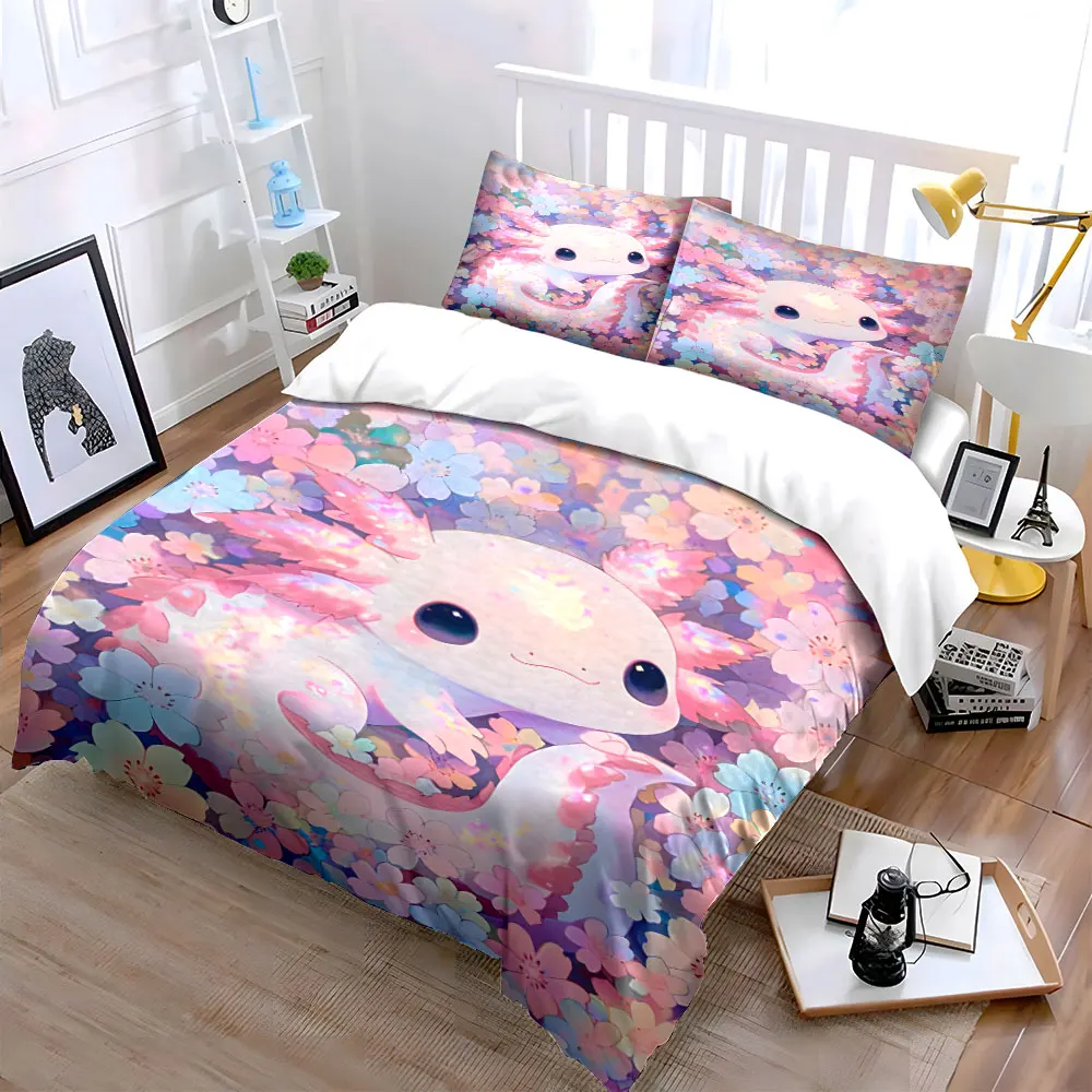 Dreamy pink salamanders and cherry blossoms Bedding Set for Kids Luxury Gift 3pcs Digital Print Comforter Set Soft Comfortable