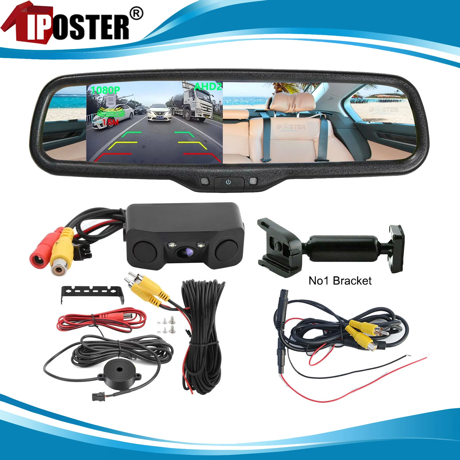 

iPoster 4.3 Inch IPS Screen AHD Car Monitor with No1 Bracket 3-In-1 AHD 1080P Backup Camera Reversing Parking Radar Sensor Kit