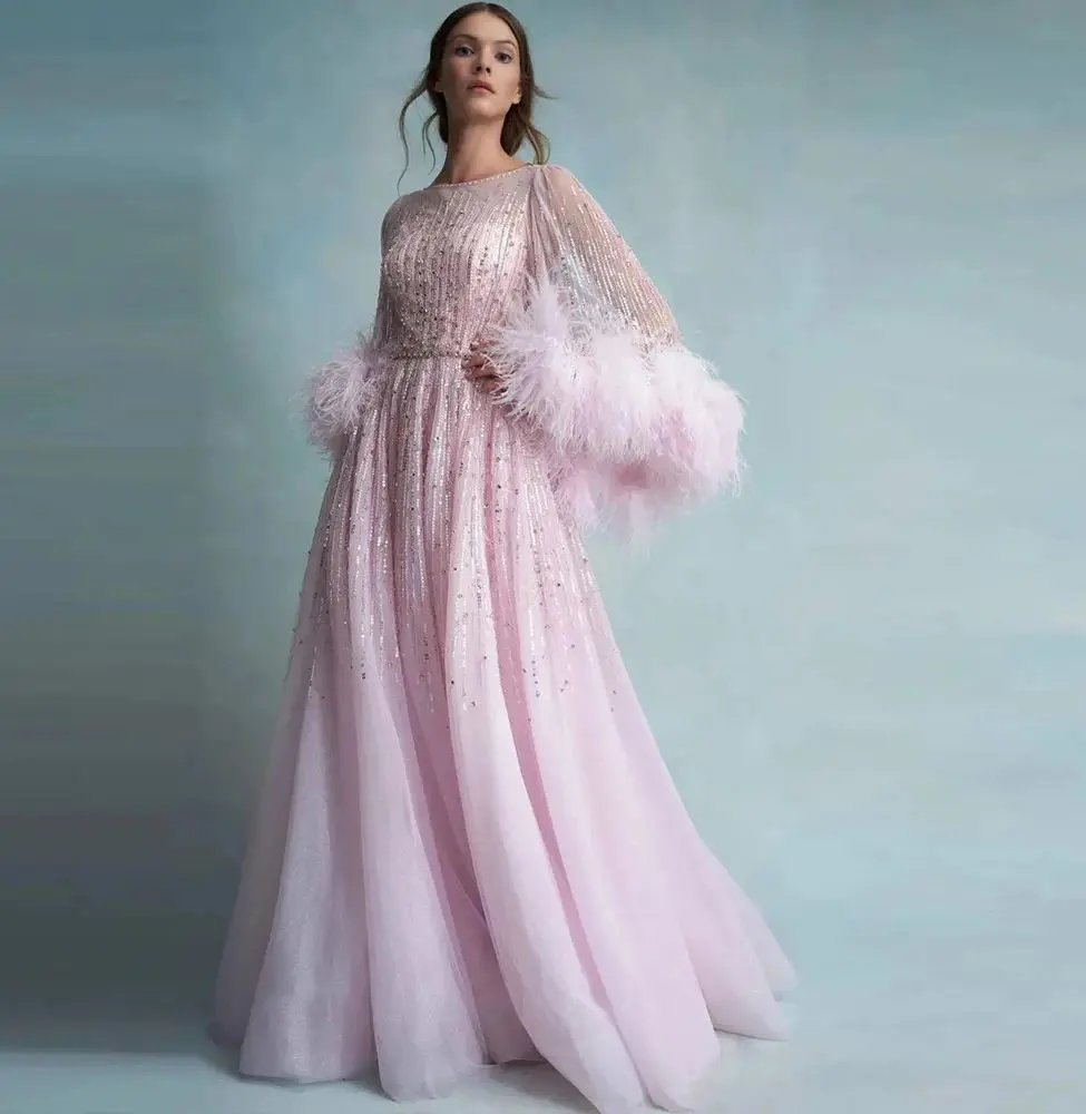 Robe Longue de Bal en Tulle Rose Arabe pour Femme, Tenue Maxi en Forme de Plume Luxuriante, Style Dubaï, avec Perles Autruche, Ligne A, Col Transparent