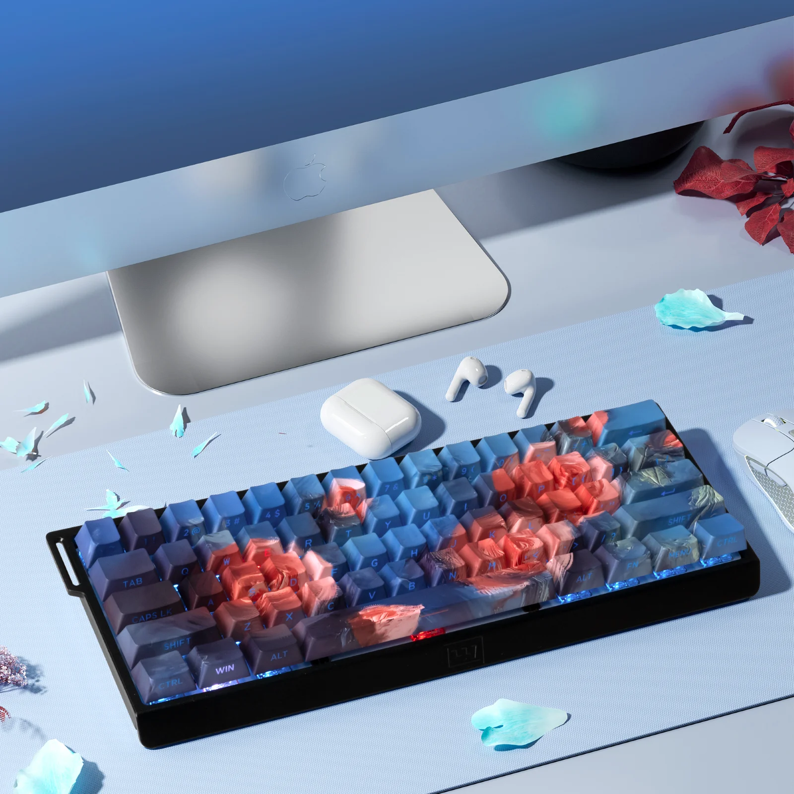 Колпачки для клавиш XVX Blue Rose Garden Cherry, двухстреловые колпачки для клавиш с боковым принтом, блестящие сквозные колпачки для клавиш, совместимые с клавиатурой 60/65/75/80/100