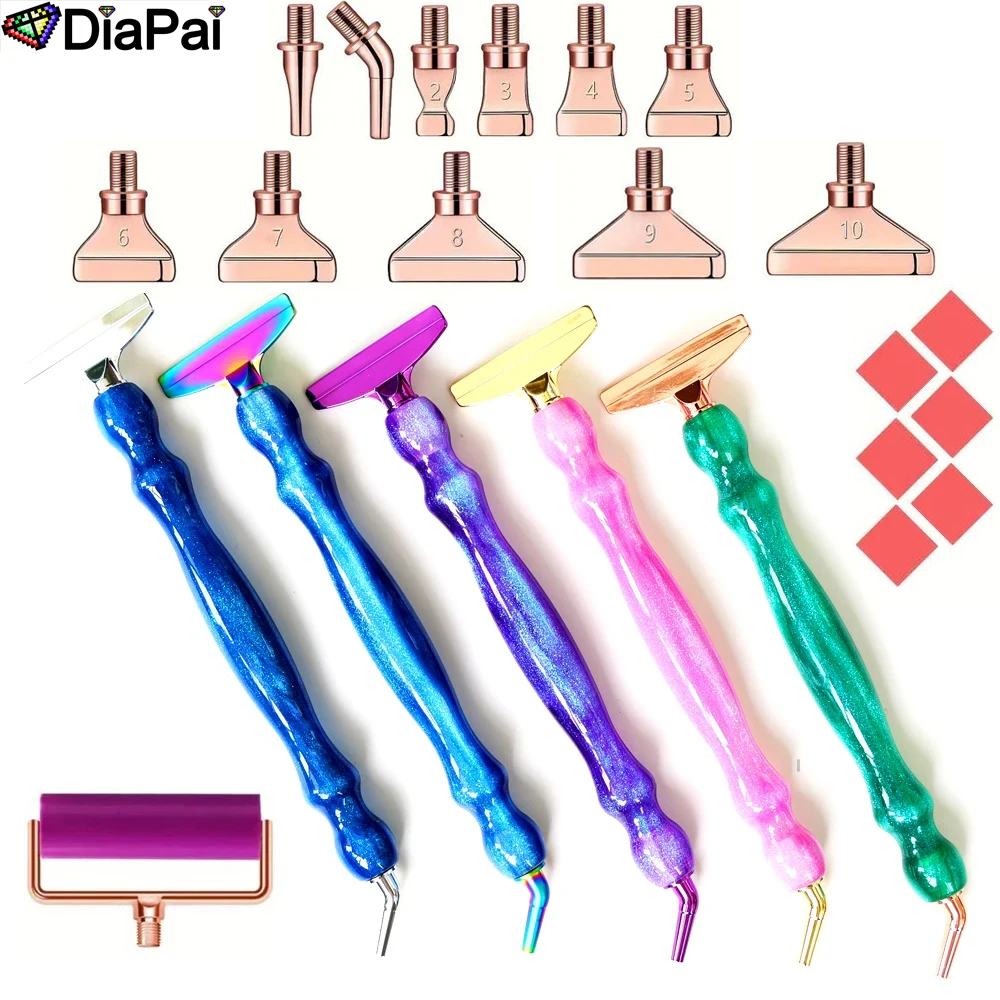 DIAPAI 20pcs Shiny Flashing Gourd Shaped Pen 12pcs Diamond Bits + 6pcs Glue + 1pcs Roller Diamond Painting Threaded Dotting Tool