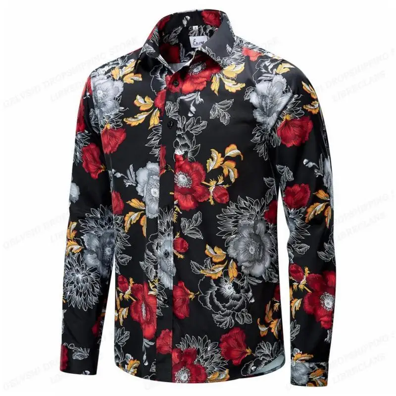 

Men's Casual Fashion Harajuku Stylish Luxury Clothing Vacation Social Long Sleeve Oversized Flower Shirt Vintage Dazn Camisa