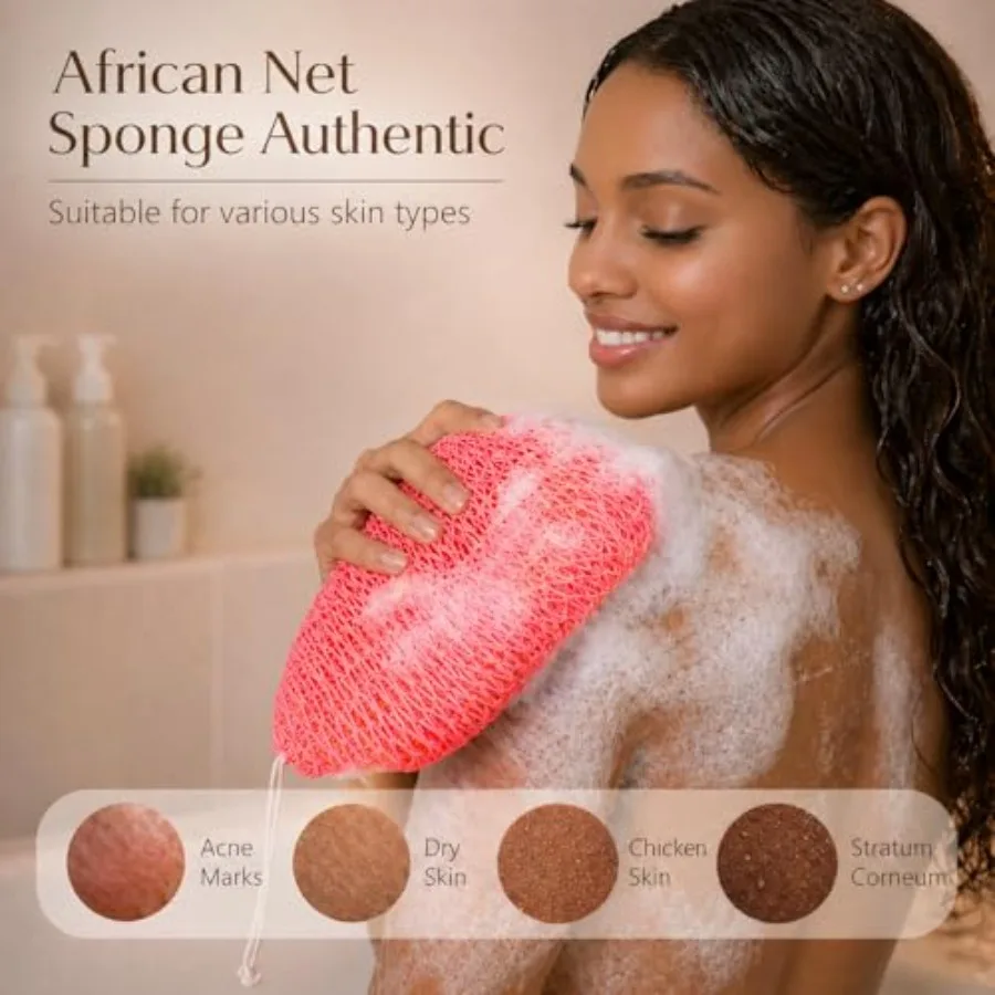 African Net Sponge Authentic, 3 Pcs Real African Exfoliating Net Sponge with Knots for Daily Shower Stretch Back Scrubber for W view 2