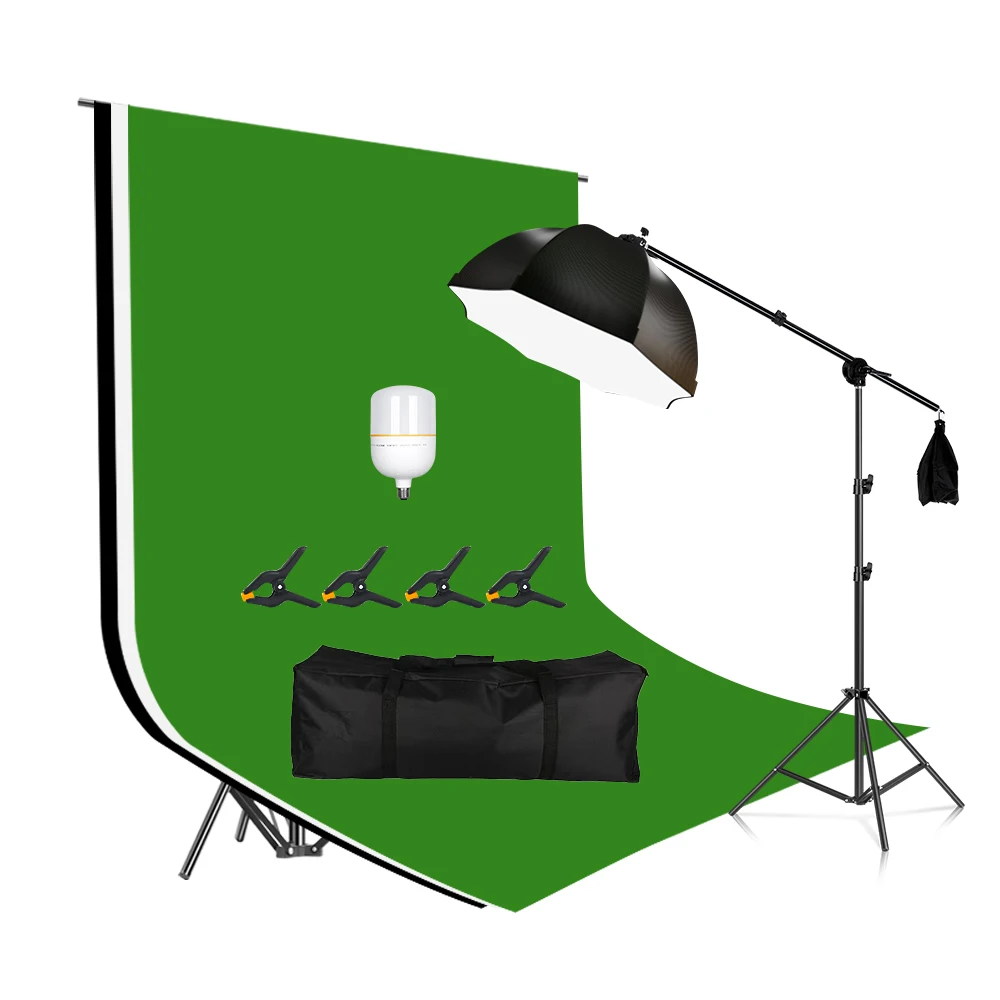 

SH Background Stand Black 3 Colors Backdrops Kit T-Shape Photography Chromakey Green Screen Photos Boom Arm Softbox 135W Bulb