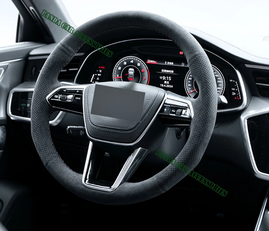 High Quality 9002 Suede Genuine Leather Black Thread Steering Wheel Cover Wrap Car Accessoires Specifically for Audi A6 A7 S6 S7