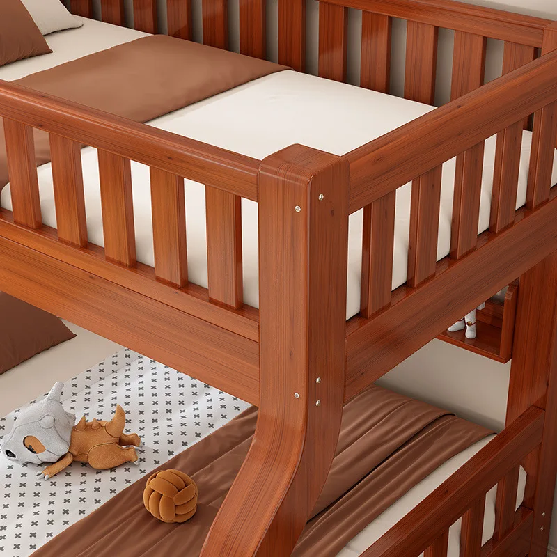 เตียงสองชั้นไม้จริง แบบสูงต่ำ เตียงไม้สองชั้นบนล่าง สำหรับอพาร์ทเมนต์ขนาดเล็ก แบบอเนกประสงค์