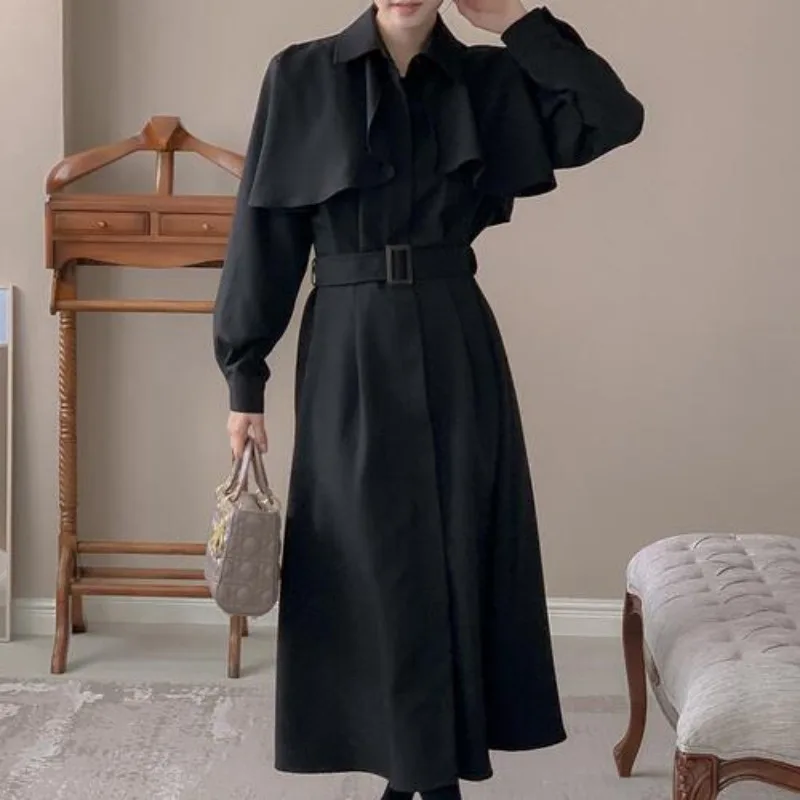 Gabardina negra, vestido coreano Chic para mujer, Otoño Invierno, combina con todo, Vestidos informales para mujer, bata de cintura delgada con solapa Retro