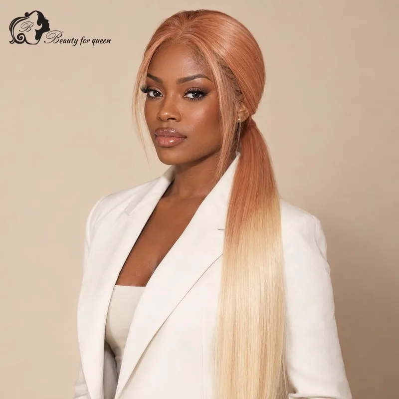 Apricot Ombre Straight Lace Front Wig Long New Sleek Party Shiny For Lady Pre Plucked Ready To Wear Everyday Vixen Middle Part