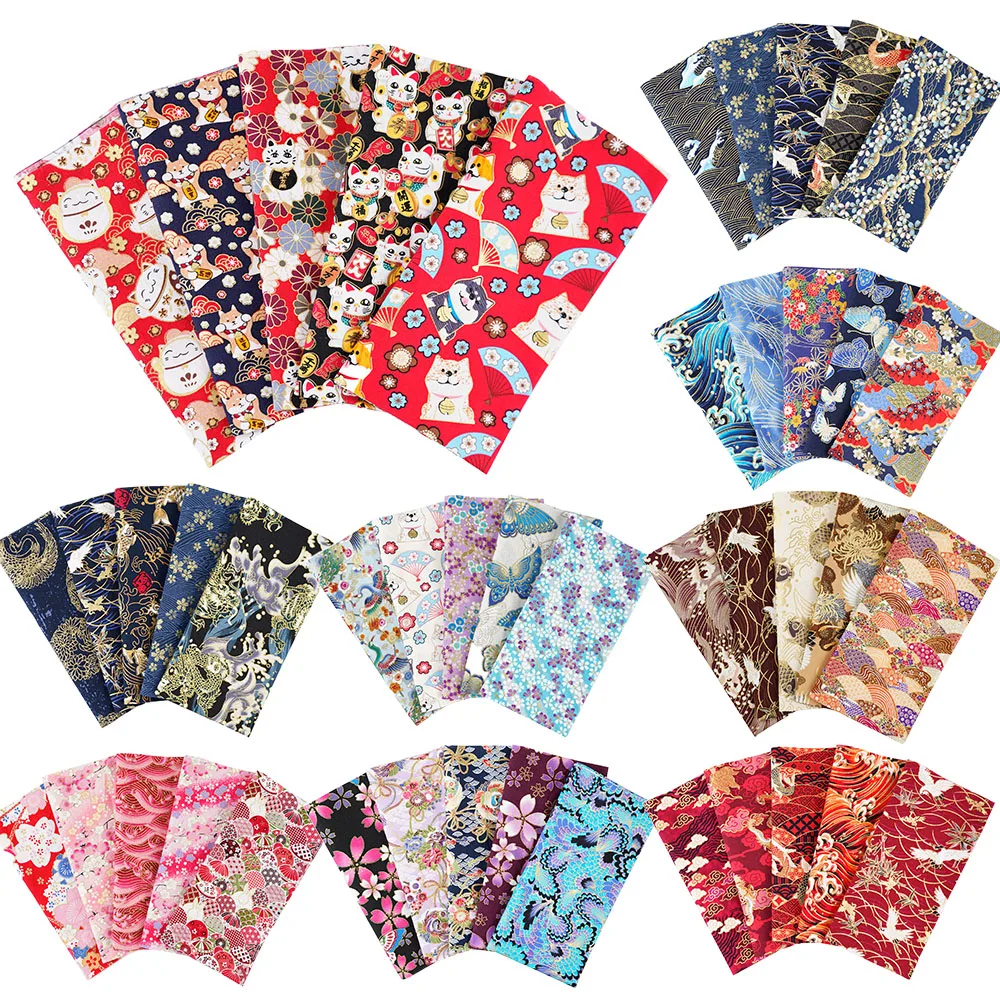 5 Stück 25 x 25/50 x 50 cm goldfolierter Blumenstoff im japanischen Stil für DIY-Bademantel-Dekoration, Geschenkbox-Futter, Aufbewahrungstasche, Patchwork