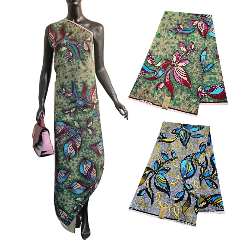 

46 дюймов шириной 6 ярдов с цветочным принтом сине-зеленого цвета, длинная хлопковая африканская восковая ткань для шитья своими руками, ткань батик для платья, подушки R2851