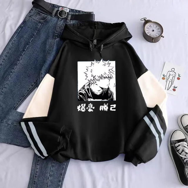 My Hero Academia Katsuki Bakugo Color Matching Hoodie Sweatshirt Harajuku Character Pullover Anime Printed Clothes Unisex Winter